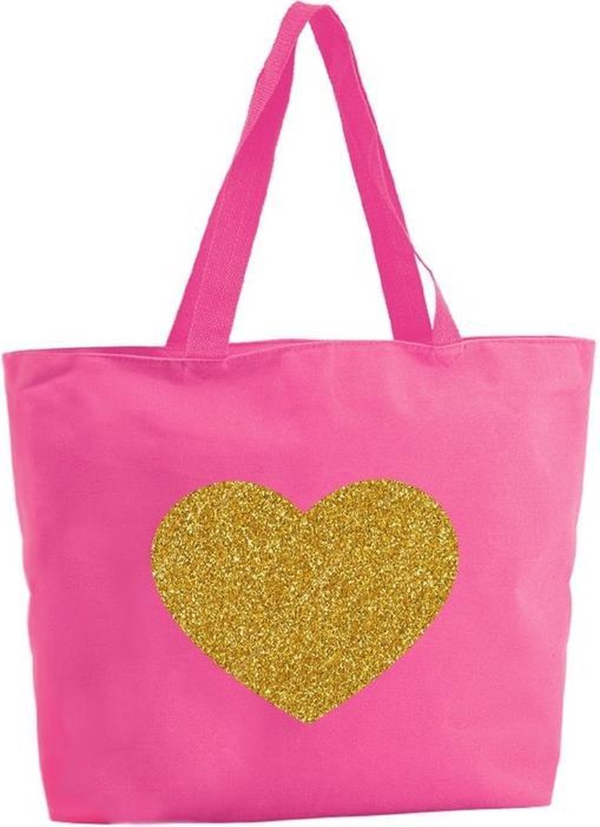 Gouden hart glitter shopper tas - fuchsia roze - 47 x 34 x 12