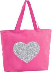 Zilveren hart glitter shopper tas - fuchsia roze - 47 x 34 x 12