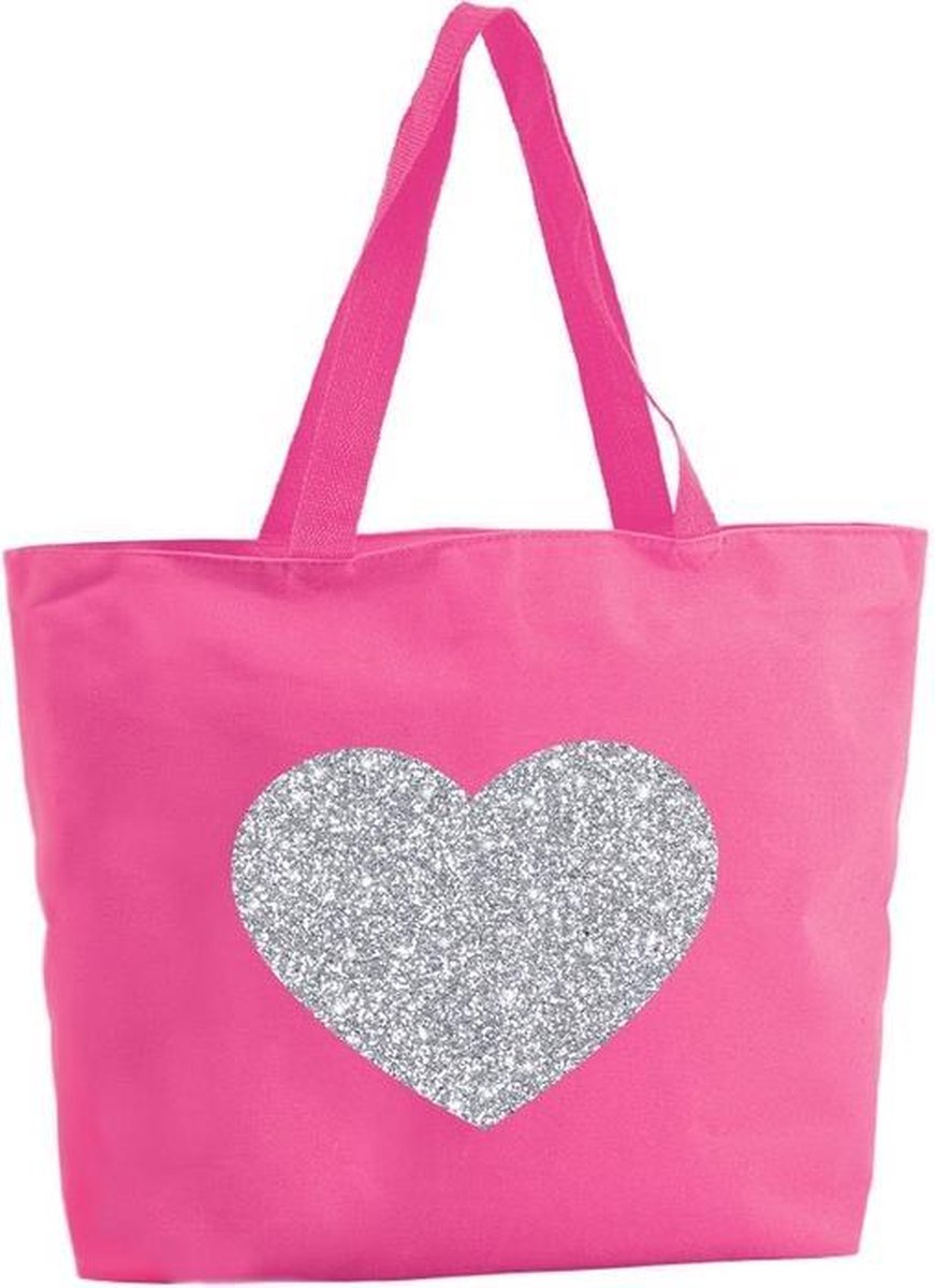 Zilveren hart glitter shopper tas - fuchsia roze - 47 x 34 x 12