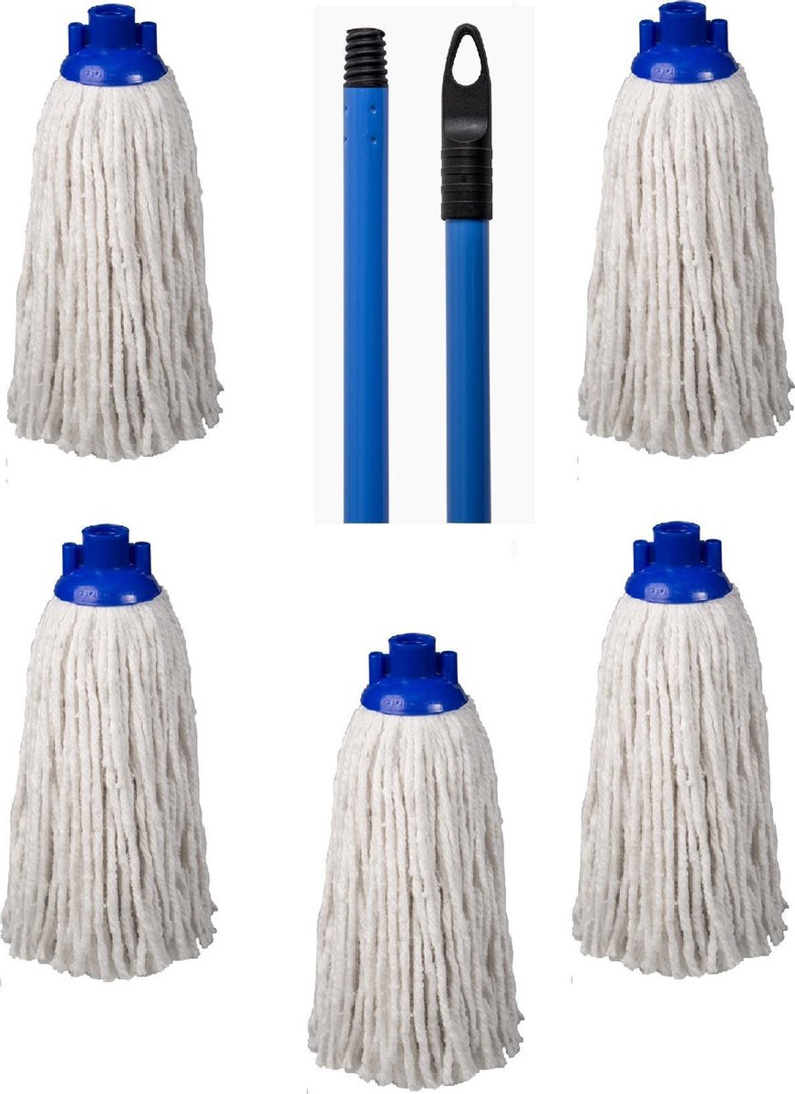 Maus spaanse mop met steel blauw - 5 dweilen met 1 dweilstok
