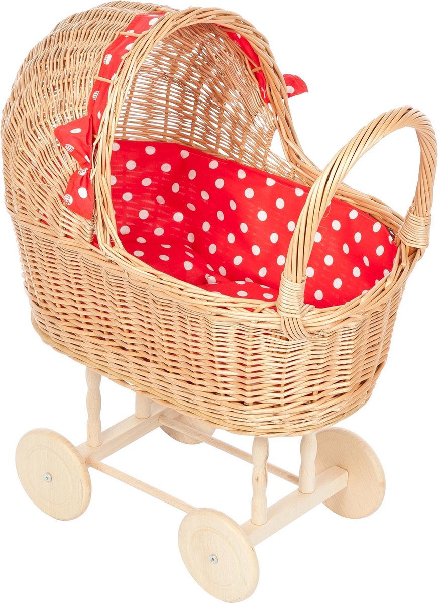 Playwood Rieten Poppenwagen - Rood met witte stippen - Rieten kap - Houten wielen