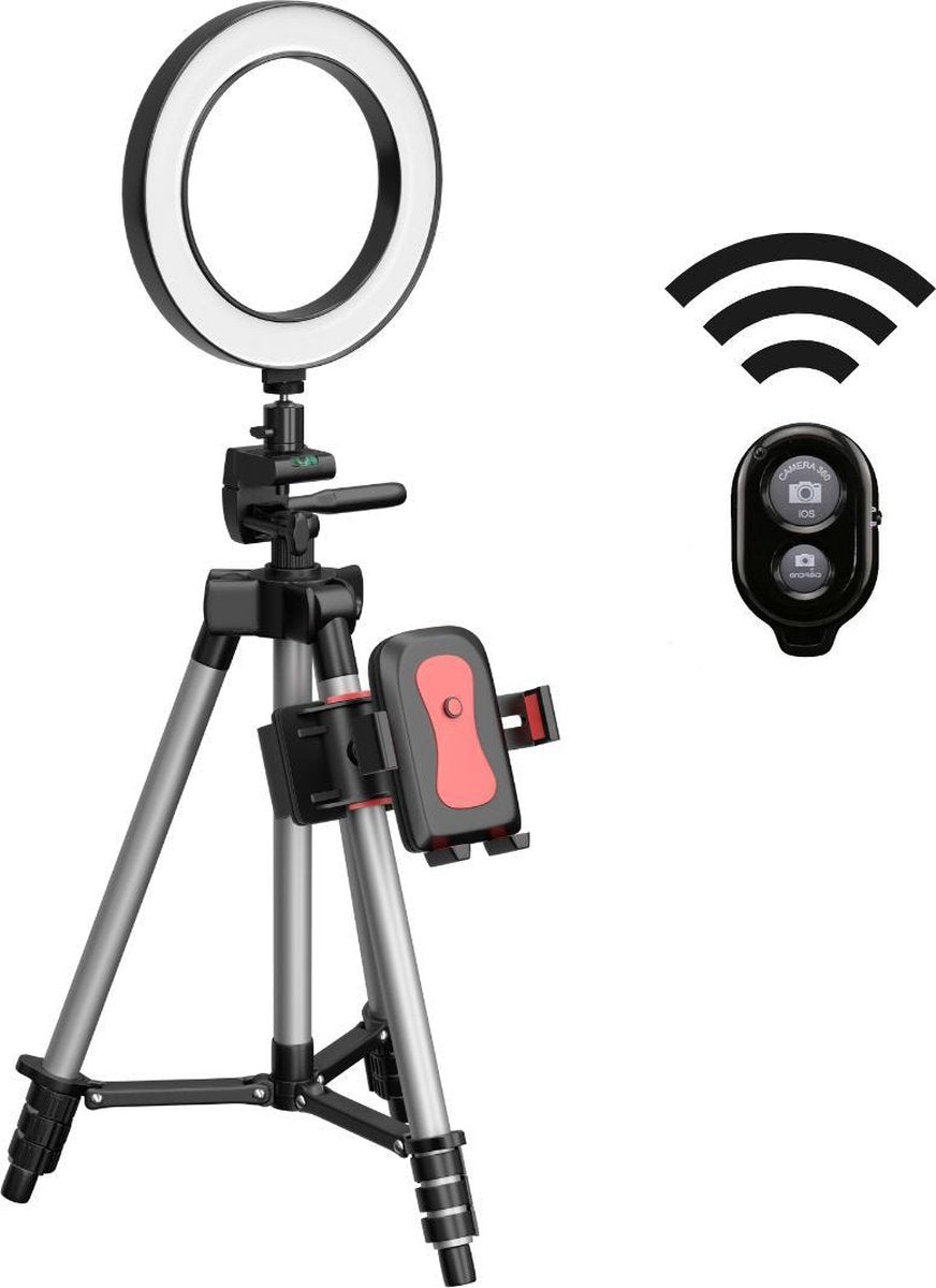 TECHSHARK Smartphone Statief Met LED Ring Deluxe - Ring Lamp - Universeel - 102 cm - Tripod