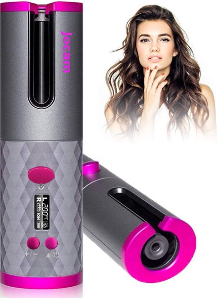 Jocam - Draadloze Krultang - Automatische Haar Styler - Krulijzer - Draagbare Haar Kruller - Hair Curler - Grijs en Roze