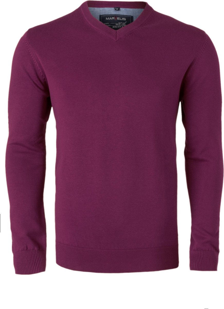 MARVELIS modern fit trui katoen - V-hals - aubergine -  Maat: XXL