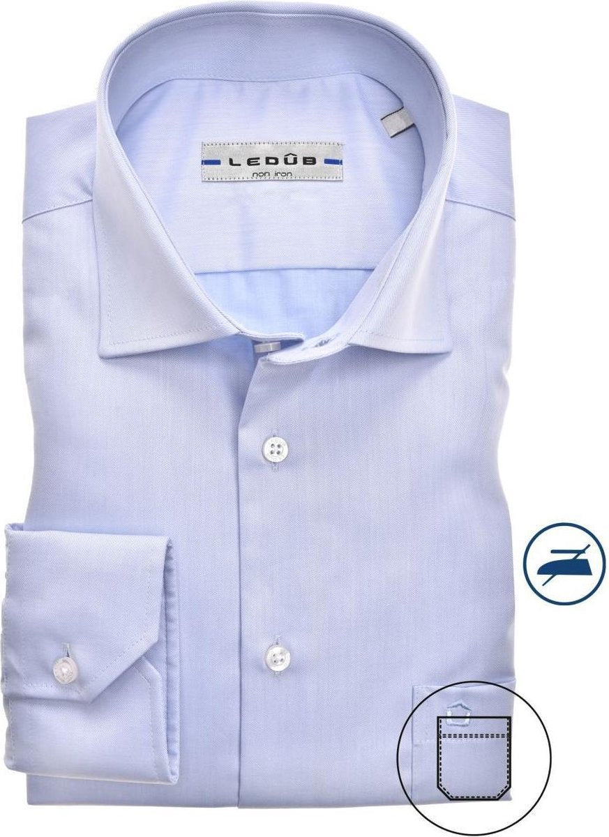 Ledub Regular Fit overhemd - lichtblauw twill - Strijkvrij - Boordmaat: 47