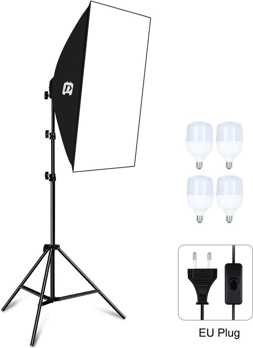 PULUZ 50x70cm Studio Softbox + 1.6m Statiefbevestiging + 4 x E27 30W 5700K Wit Licht LED Gloeilamp Fotografie Verlichtingsset (EU-stekker)