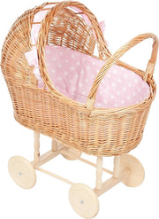 Rieten poppenwagen - Bekleding Zachtroze met stipjes - houten wielen