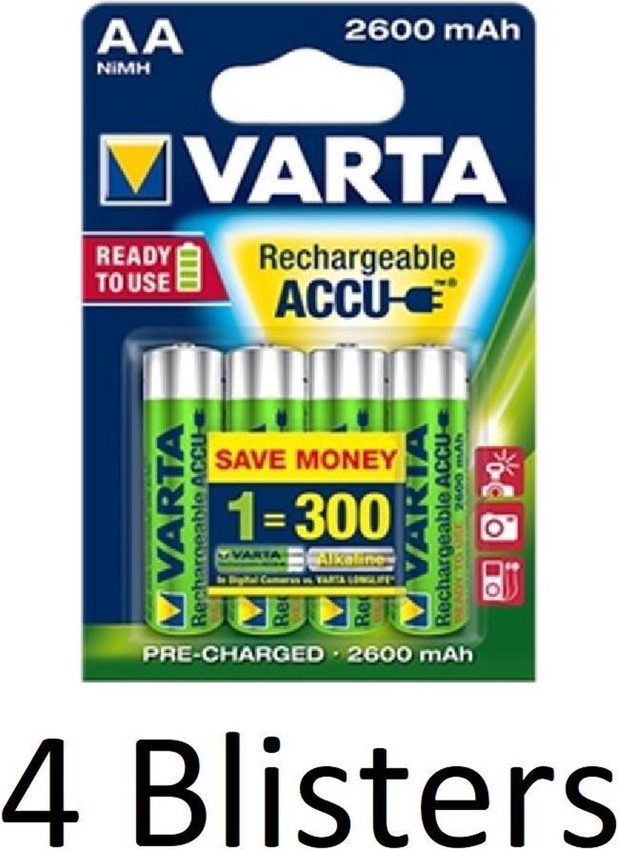 16 Stuks (4 Blisters a 4 st) Varta AA Oplaadbare Batterijen - 2600mAh