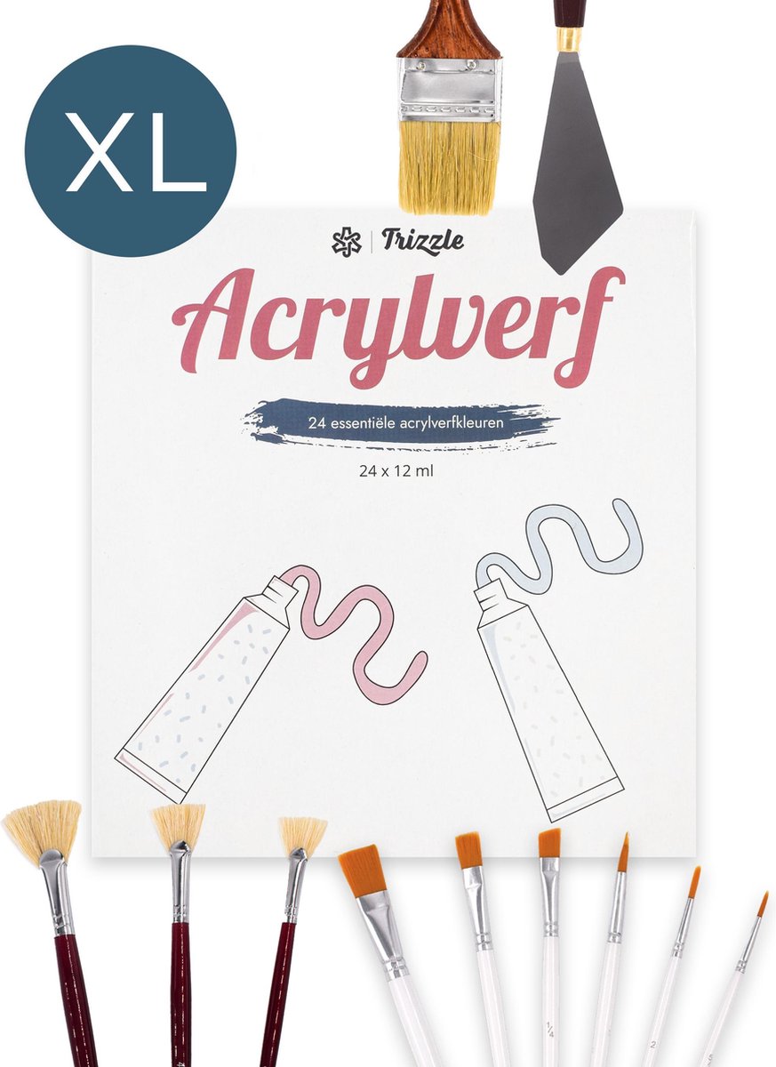 Trizzle Penselenset incl. 24 Acrylverf Tubes - Schilderset met Penselen - Schilderen - Verfkwasten