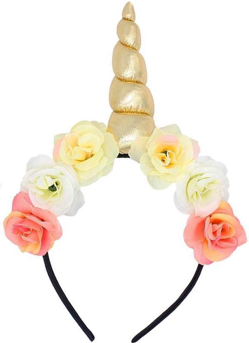 Bloemen eenhoorn haarband goud unicorn diadeem - gouden hoorn metallic - bloemetjes roze wit geel festival