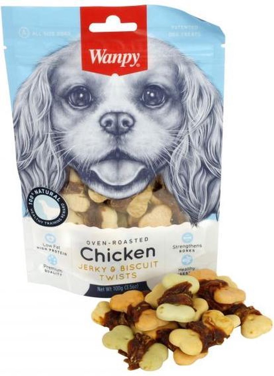 100 gr Wanpy oven-roasted chicken jerky / biscuit twists