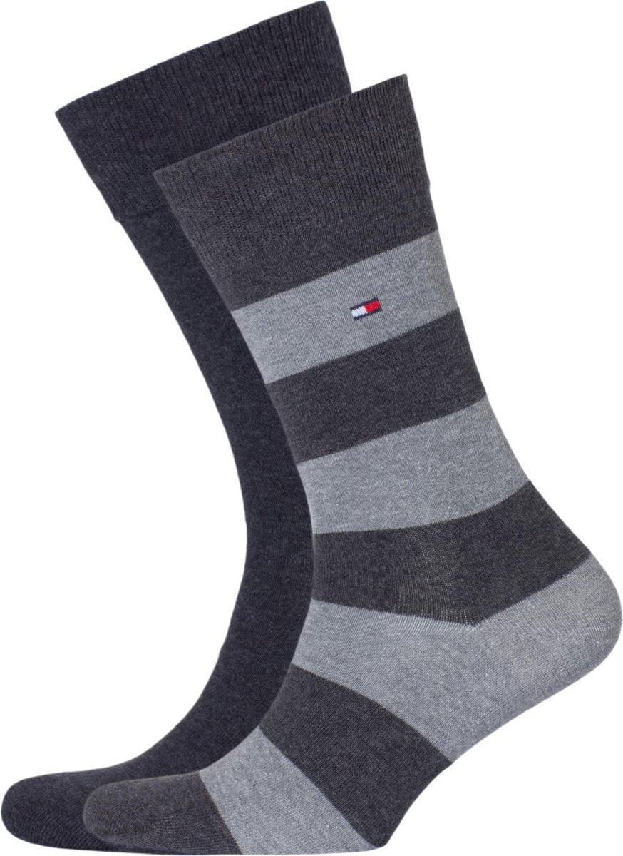 Tommy Hilfiger Rugby Stripe (2-pack) - herensokken katoen gestreept en uni - antraciet-grijs -  Maat: 43-46