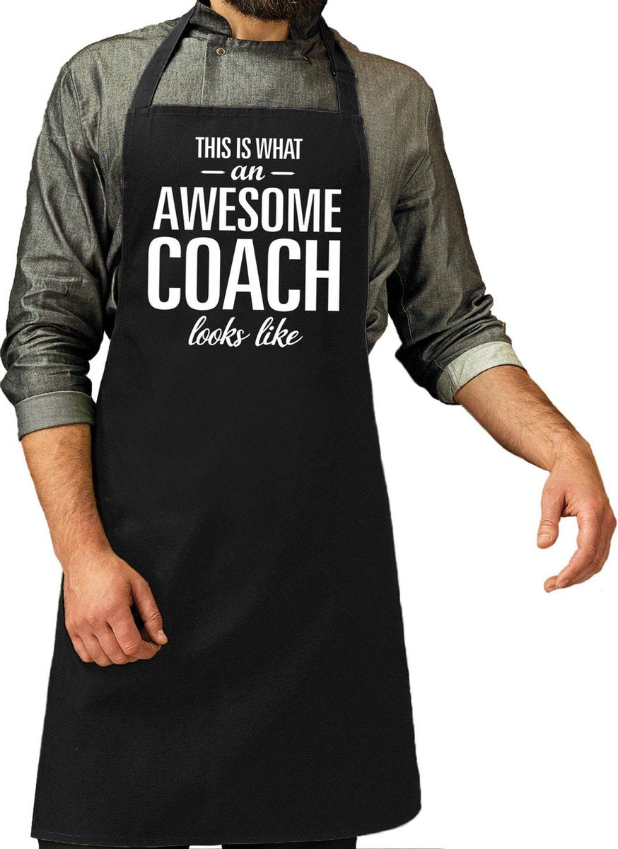Awesome coach cadeau bbq/keuken schort zwart voor heren -  kado barbecue schort - verjaardag