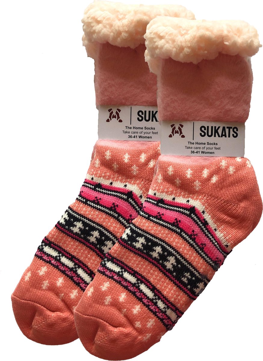 Sukats - Homesocks - Huissokken - Dames en Heren - Maat 36-41 - Lichtroze - Retro - Anti-Slip - Fluffy - Meerdere Maten en Varianten