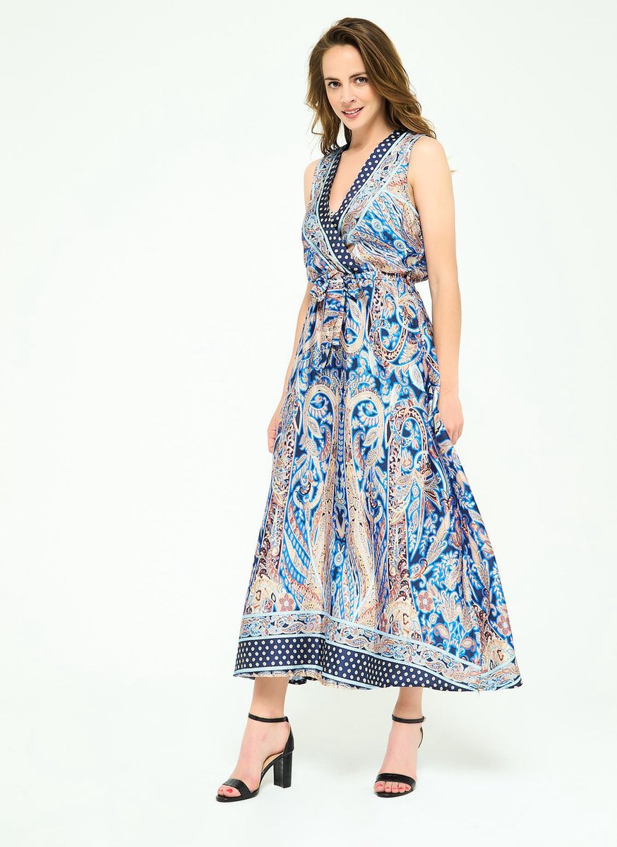 Satijnen jurk met kleurrijke print - Marine Blauw