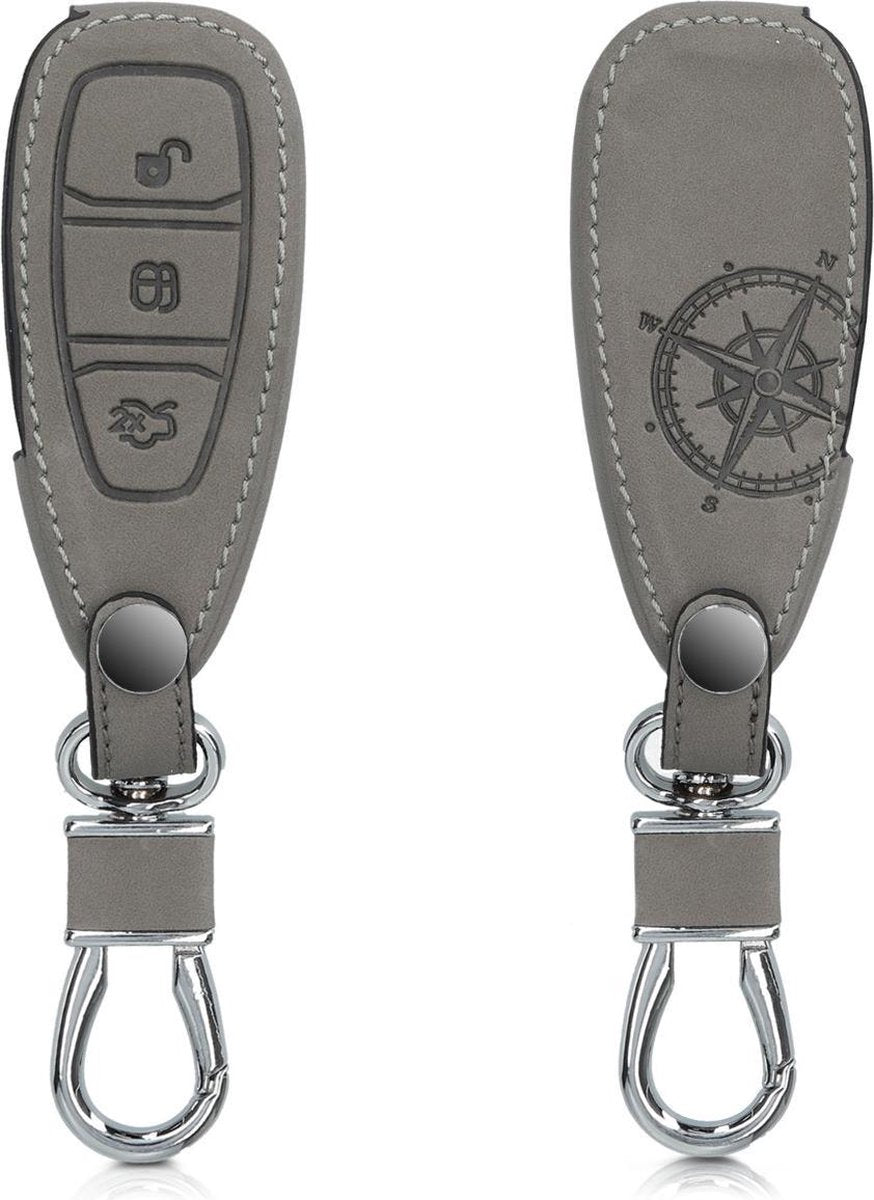 kwmobile autosleutelhoes voor Ford 3-knops autosleutel Keyless Go - beschermhoes van imitatieleer - Vintage Kompas design - grijs