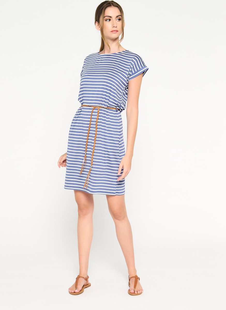 Halflange jurk met strepen en ceintuur - Marine Blauw