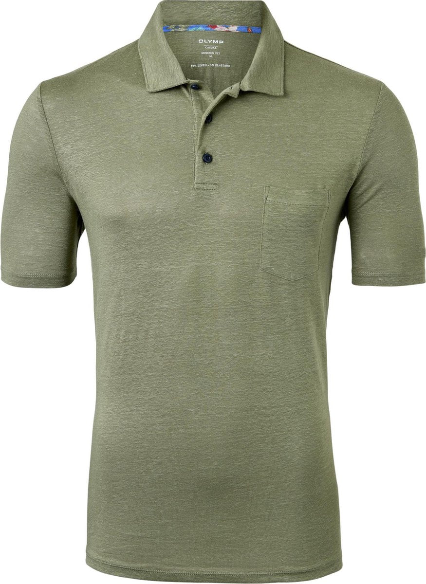 OLYMP modern fit poloshirt - linnen stretch - grijsgroen -  Maat: 3XL