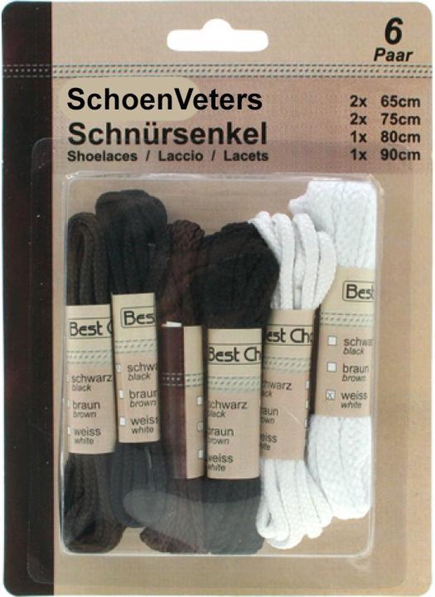 Schoenveters - 6 Paar - Wit-Zwart-Bruin - 4 Lengtes.