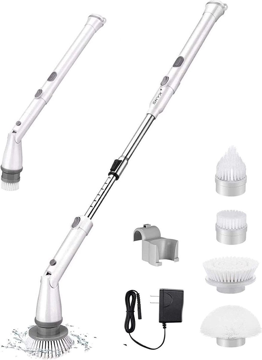 Scrubber - Elektrische Schrobber - Multifunctioneel Schrobborstel - Elektrische Schoonmaakborstel - Verstelbaar - 45 Graden Draaibaar - Voor Badkamer & Keuken - Incl. 4 Borstels & Hanger