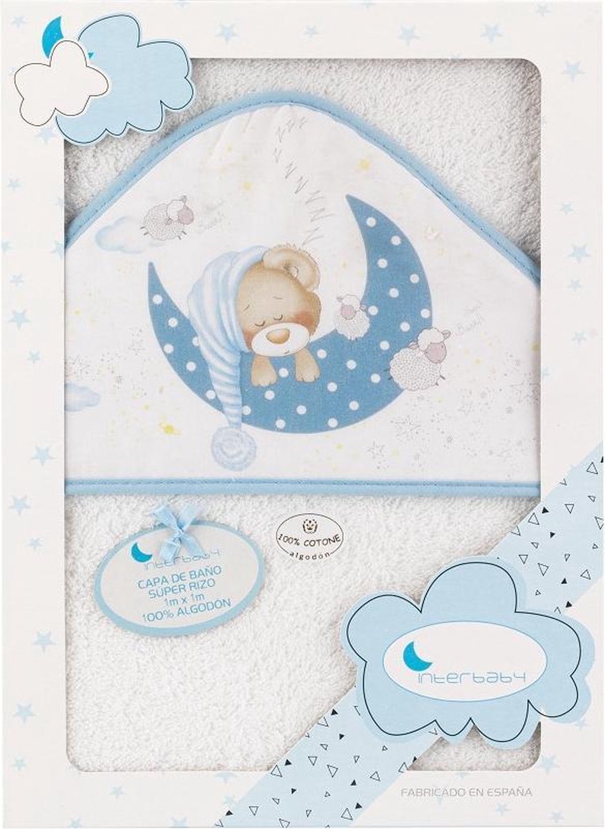 Interbaby Badcape Slapende Beer 100 X 100 Cm Katoen Wit/blauw