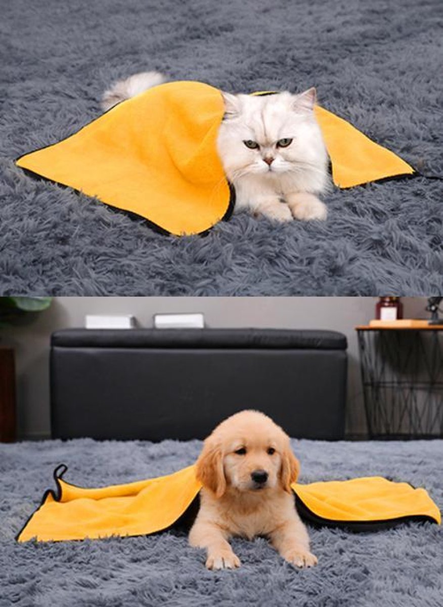Odnalor Professionele Honden/Katen Droogdoek – Fluweel – Huisdier Droog doek–  Absorberend – 1100 GSM – 40 x 60 cm – Geel/Grijs