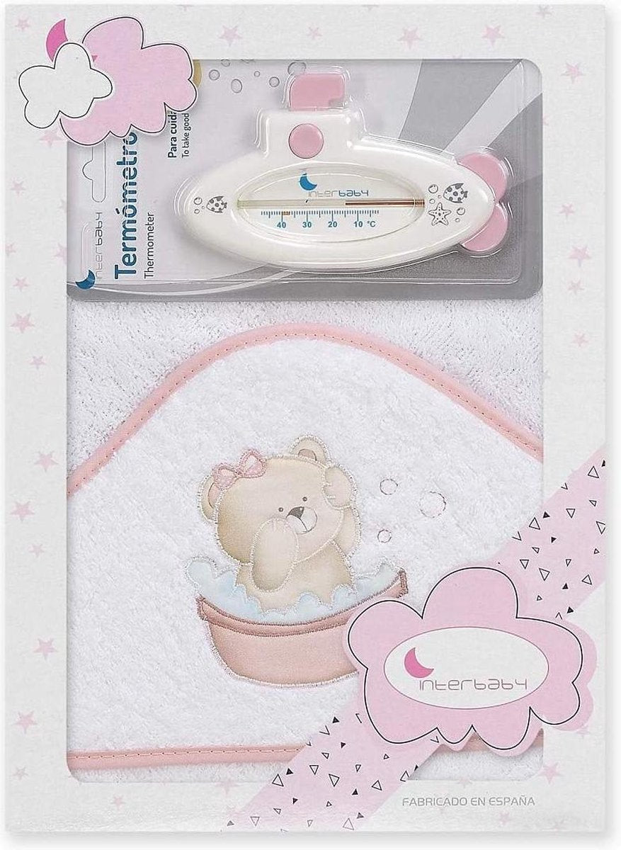 Interbaby Badaccessoires Teddy 100 Cm Katoen Wit/roze 2-delig