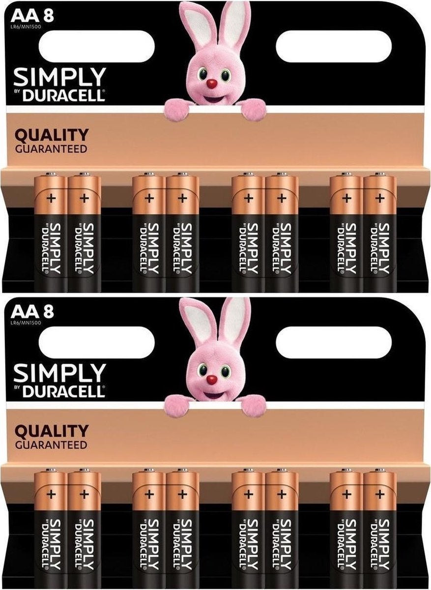 Set van 16x Duracell AA Simply batterijen 1.5 V - alkaline - LR6 MN1500 - Batterijen pack