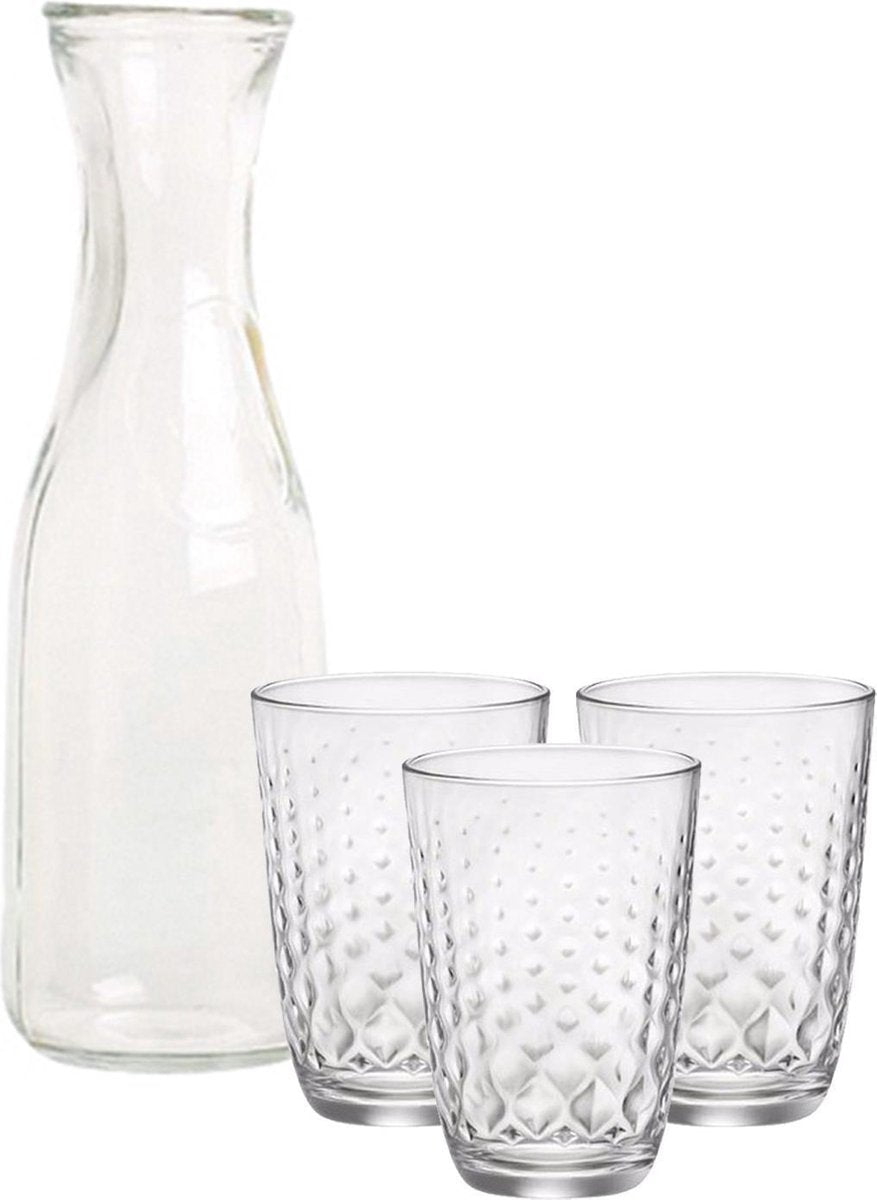 Glazen open karaf van 1 liter met 6x stuks drinkglazen/waterglazen/limonadeglazen van 390 ml