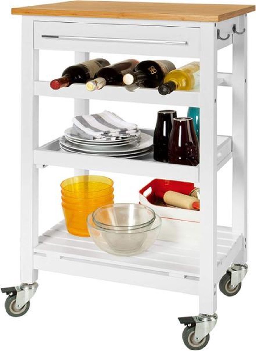 Simpletrade Keukentrolley - Serveerwagen - Snijplank - Flessenrek - 2 haken - 58x90x40 cm