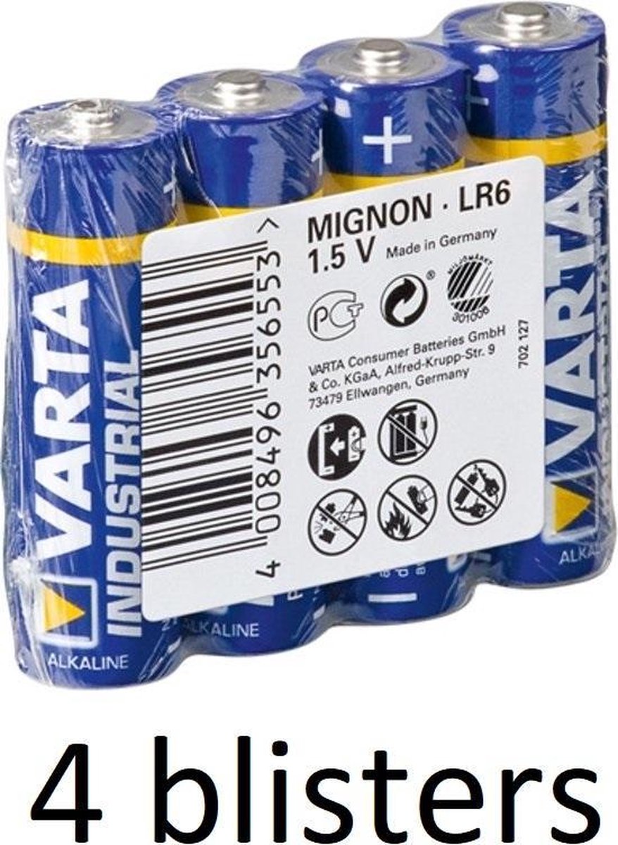 16 stuks (4 blisters a 4 st) Varta LR6 Industrial Wegwerpbatterij AA Alkaline
