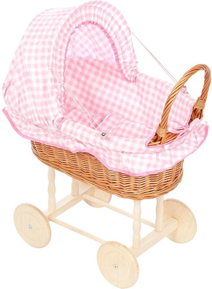 forbabies Rieten Poppenwagen Licht Roze Ruiten Bekleding & Blanke Wielen