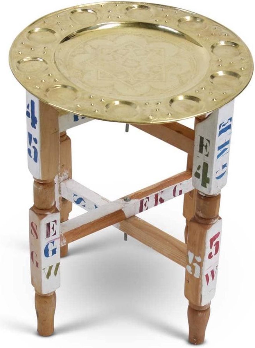 Marokkaanse Dienblad Goud met Houten Onderstel Ø 38 x 50cm