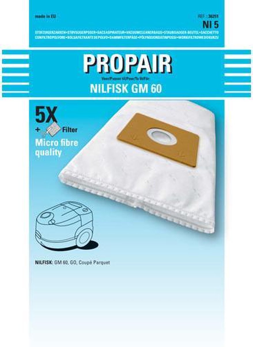NILFISK - STOFZUIGERZAK NILFISK GO/COUPE/NEO/COMPACT    PROPAIR  5 STUKS + 1 FILTER -