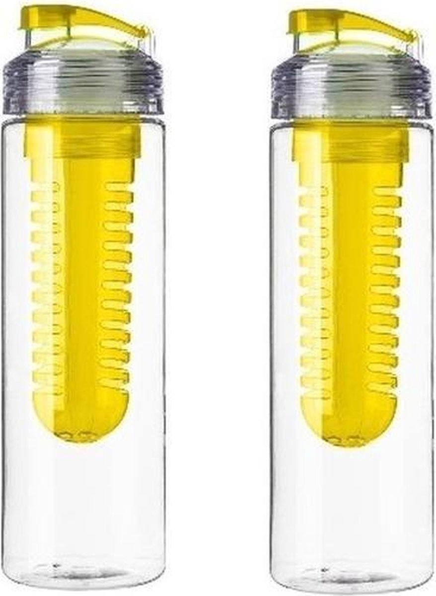 2x Drinkflessen/waterflessen met fruitfilter geel 650 ml - Fruit infuser - Fruitwater flessen transparant/geel