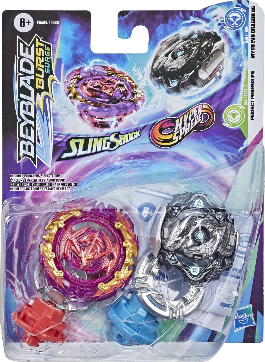 Beyblade Hypersphere Myth Evo Dragon D5 en Slingshock Perfect Phoenix P4 Duo Pack