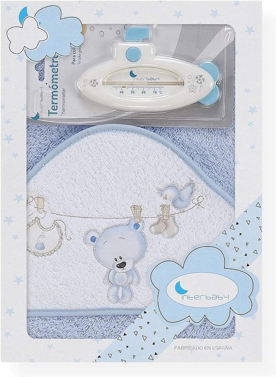Interbaby Badcape En Thermometer 100 Cm Katoen Blauw 2-delig