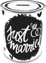 Spaarblik - Just Married - spaarpot bruiloft  trouwdag kadoblik 750ml 10 x 12 cm herbruikbaar
