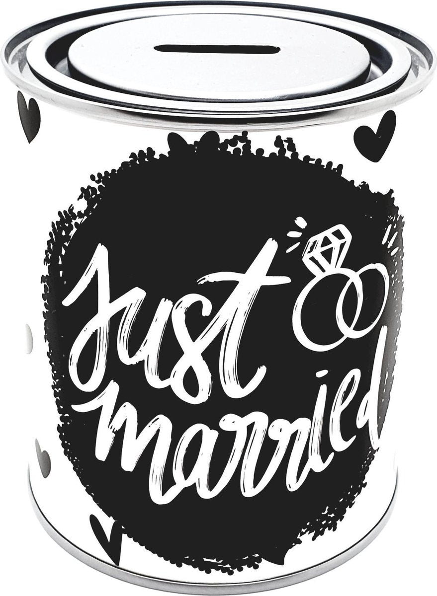 Spaarblik - Just Married - spaarpot bruiloft  trouwdag kadoblik 750ml 10 x 12 cm herbruikbaar