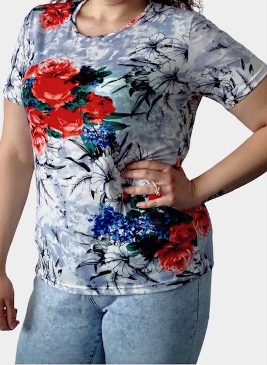 Damesblouse | Top | korte mouwen voor de  zomer | bloemmotief | Maat L