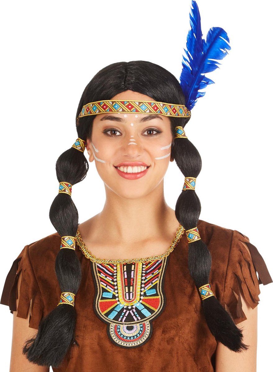 dressforfun - gevlochten pruik indianenvrouw   - verkleedkleding kostuum halloween verkleden feestkleding carnavalskleding carnaval feestkledij partykleding - 300721