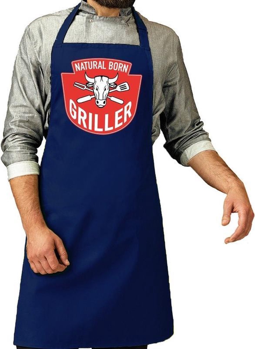 Natural born griller barbecue schort / keukenschort kobalt blauw voor heren - bbq schorten