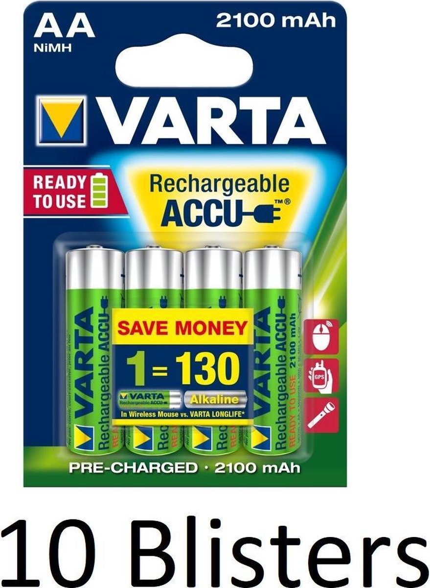 40 Stuks (10 Blisters a 4 st) Varta Oplaadbare Batterijen AA 2100 mAh