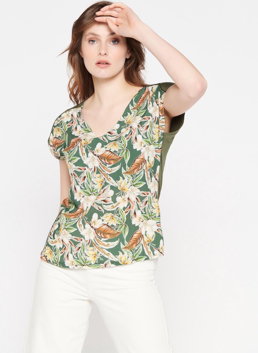 T-shirt met bloemen en planten print - Khaki
