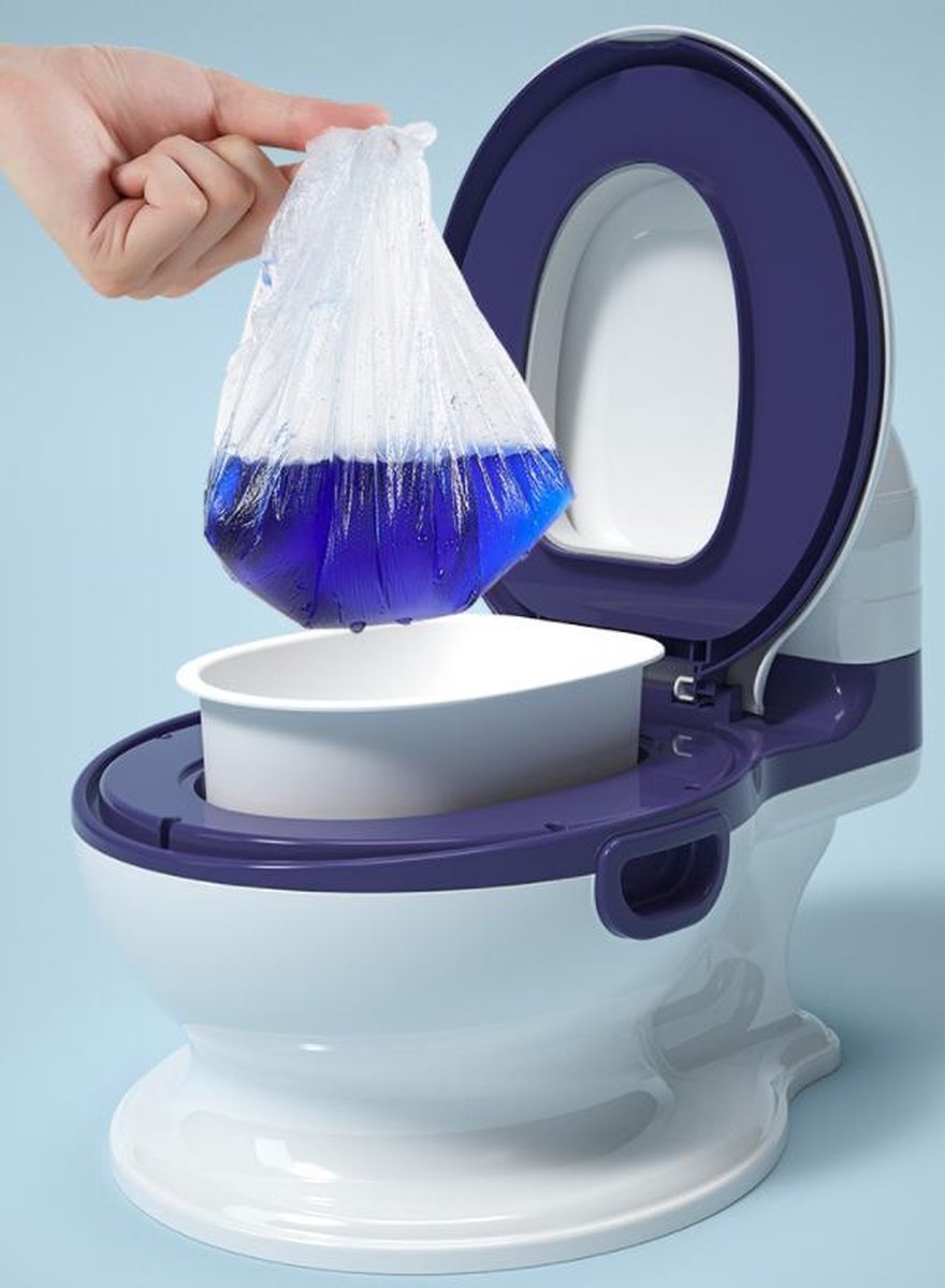 Potje met 300 poepzakjes + Borsteltje + Zacht PU Zitkussen + Binnenpotje - Wit & Blauw - Luxe XL Toilettrainer - Plaspotje - Comfortabel Peuter Kindertoilet - BabyPotje - Toilettrainer - "Net echt toilet!" - WC potje peuter – Potty training seat