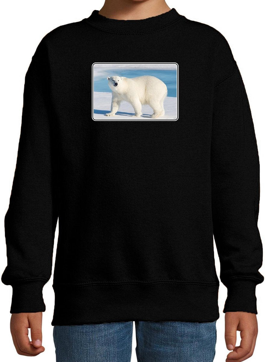 Dieren sweater met ijsberen foto - zwart - voor kinderen - natuur / ijsbeer cadeau trui - sweat shirt / kleding 12-13 jaar (152/164)