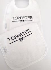 2 bavetten velcro wit met tekst peter/meter