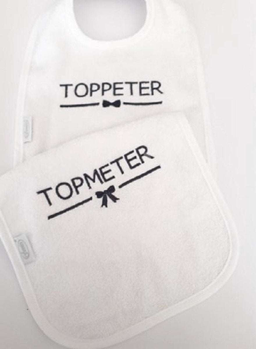 2 bavetten velcro wit met tekst peter/meter