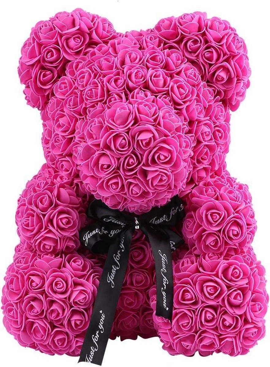 Rozen Beer Roze + Strik XXL 70 cm (Extra groot) | Rozen liefdes Teddybeer voor jou geliefde! Rose Bear Knuffelbeer gemaakt van roosjes – I Love You beer met hartje – Valentijnsdag Cadeau | Rozenbeer Moederdag moedergeschenk