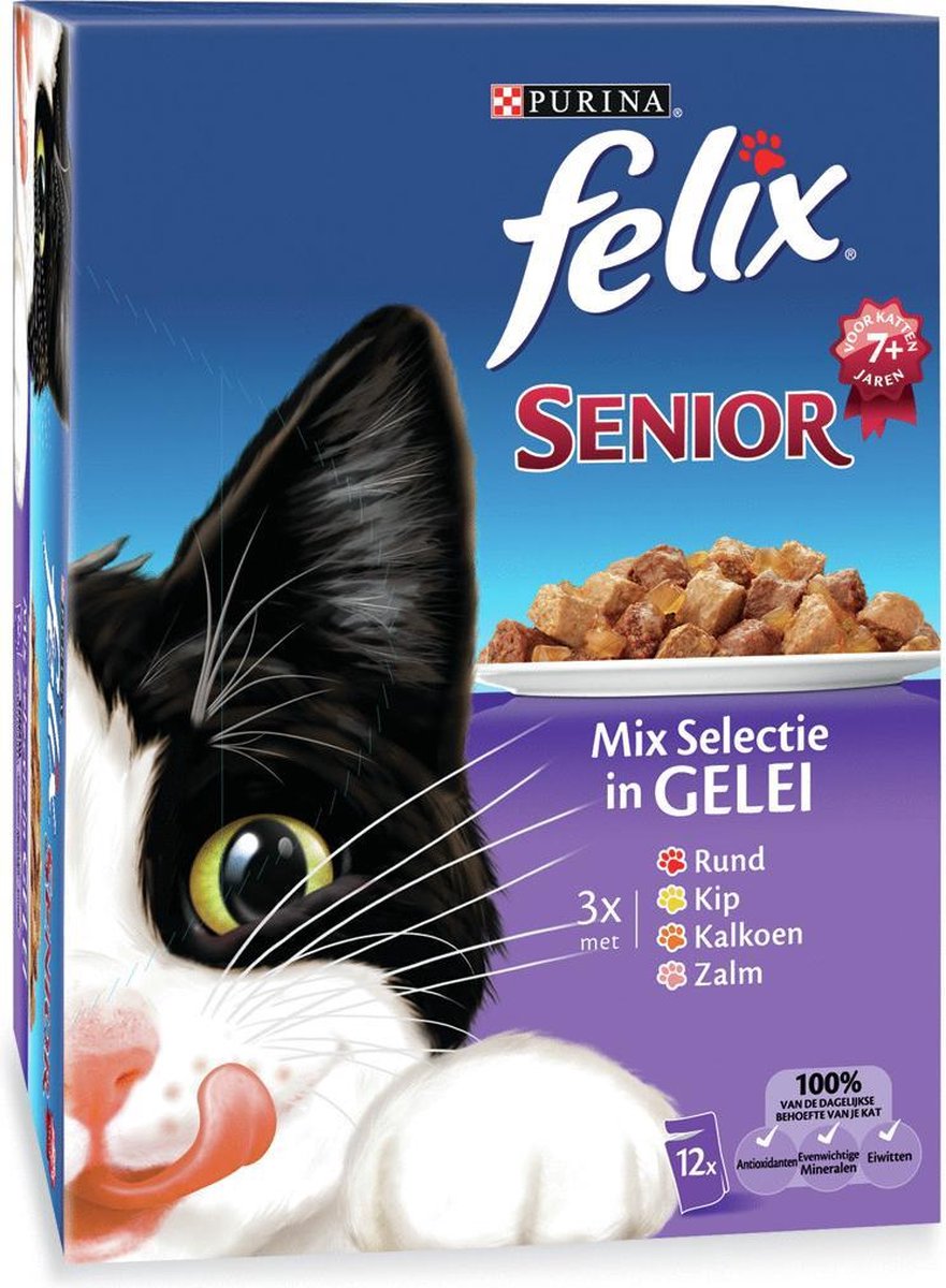 FELIX Pouch Senior - Mix Vlees/Vis - Kattenvoer - 12 x 100 g